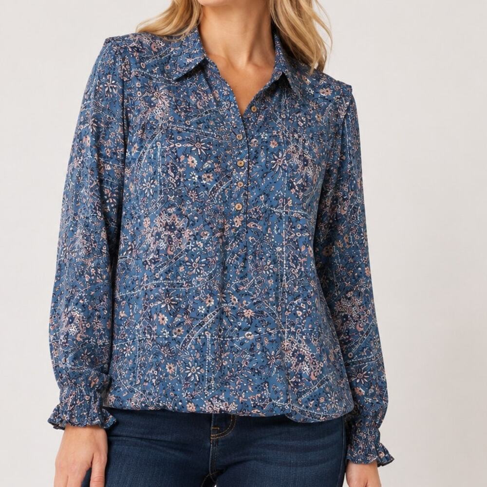 Lucky Brand Printed Ruffle Collar Long Sleeve Blouse Medium Blue Floral Paisley